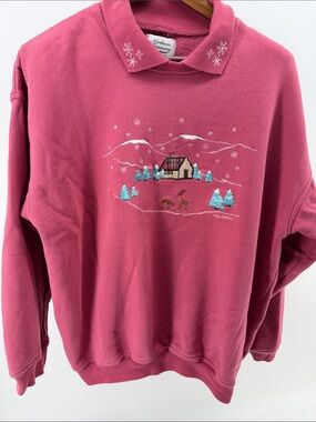 Northern Reflections Pink Holiday Fleece Pullover with Cabin Embroidery
